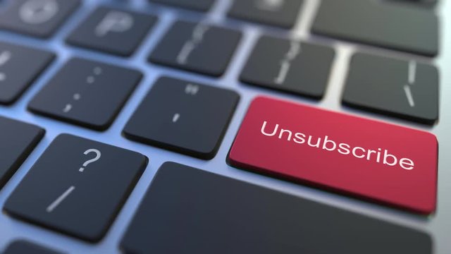 SUBSCRIBE key turning over to UNSUBSCRIBE button on the keyboard. Conceptual 3D animation