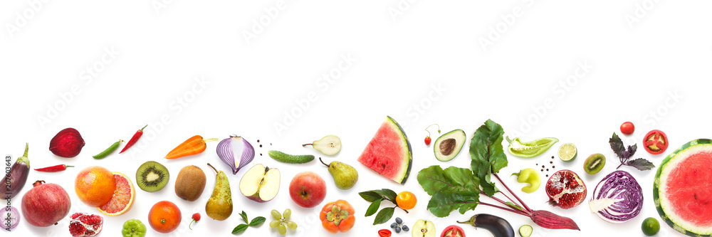 Wall mural banner from various vegetables and fruits isolated on white background, top view, creative flat layo