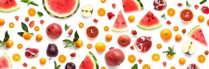 Banner from various vegetables and fruits isolated on white background, top view, creative flat layout. 
