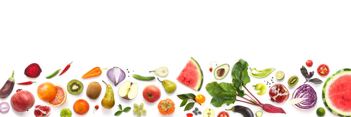 Banner from various vegetables and fruits isolated on white background, top view, creative flat layout. 