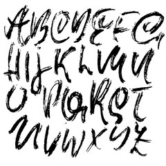 Grunge distress font. Modern dry brush ink letters. Handwritten alphabet. Vector illustration.