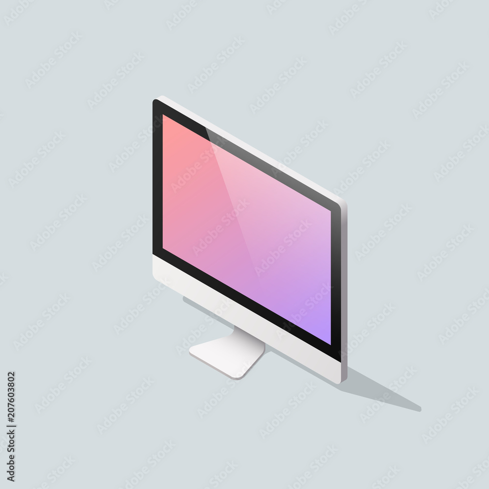 Poster isometric vector computer monitor illustration. realistic shiny pc computer icon with colorful scree