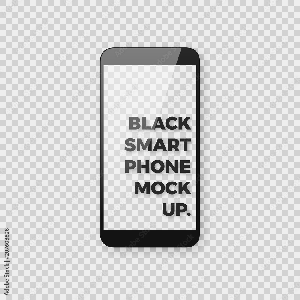 Poster realistic vector smartphone mockup on transparent checkered background. shiny black smart phone temp
