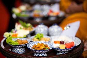 Food set for offering to Buddhist monks in Thailand culture
