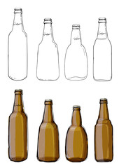 Glass bottles drawn by a line on a white background