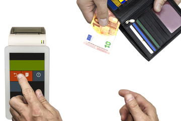Isolated. Trade. The buyer pays with a banknote of 10 euros. The cashier accepts the payment and makes a check at the terminal.