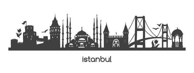 Vector horizontal illustration Istanbul. Black silhouette of famous turkish symbols and landmarks. Hand drawn elements of tower, bridge, tram, mosque in Turkey. Panoramic banner or print design. 