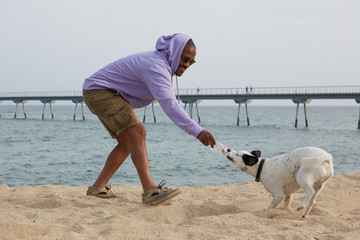 Smiling young African-American man hipster in sport hoody playing with his dog on the beach at sunny day