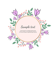 Floral wreath with green leaves, bluebell. Vector hand draw illustration. Round frame with wildflowers. Design for invitation, wedding, placard, birthday, save the date, banner, cover, layout, flyer