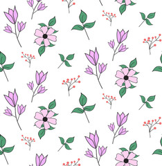 Hand drawn seamless pattern with spring flowers, bluebell, green leaves.