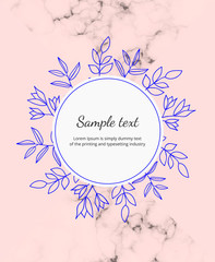 Hand drawn wedding invitation flowers card. Blue contour flowers and leaves on the pink background. Botanical design template for save the date, banner, poster, placard, flyer, invite, 