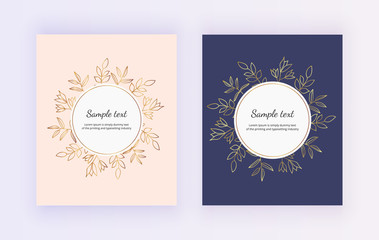 Hand drawn wedding invitation card. Golden lines contour flowers and leaves on the pink and dark blue background. Botanical design templates for save the date, banner, flyer, invite, poster, layout