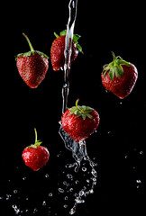 fresh strawberries fall in a spray of water, bright red berries