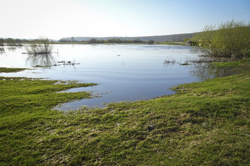 Landscape: calm river in early spring, high water