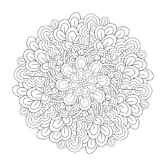 Round element for coloring book. Black and white floral pattern. Vector illustration.