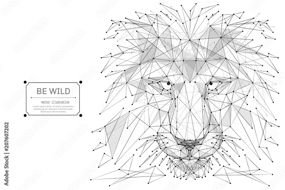 Poster Abstract mash line and point Abstract vector image of lion origami on white background with an inscription. Lion's head Low poly wire frame illustration. Vector wild animal illustration
