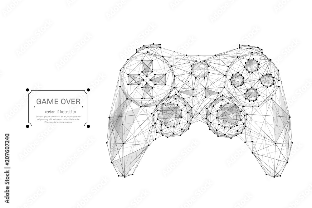 Poster Abstract mash line and point image of joystick for video games. Vector business illustration origami on white background with an inscription. Computer games concept. Polygonal art.