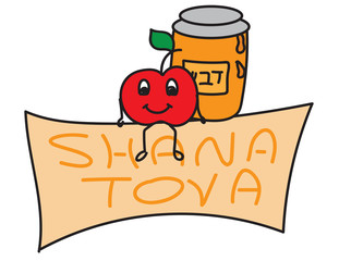 Rosh Hashanah greeting card. apple sitting on a banner