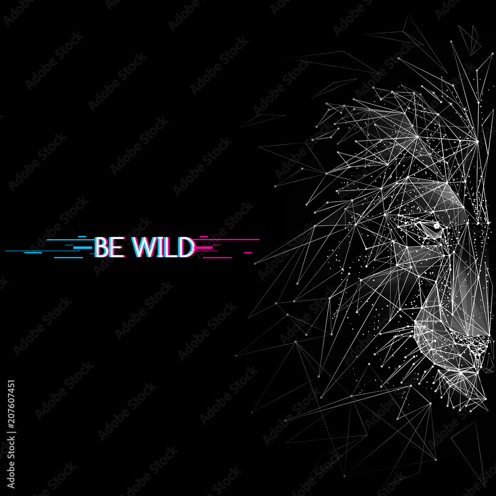 Aufkleber Abstract mash line and point. Vector image of lion origami on black background with an inscription. Lion's head Low poly wire frame illustration with distruction effect. Wild animal illustration.