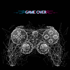 Abstract mash line and point image of joystick for video games. Vector illustration origami on black background with an inscription. Computer games concept with distruction effect. Polygonal art.