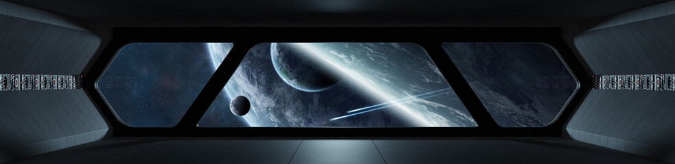 Fototapeta premium Spaceship futuristic interior with view on exoplanet