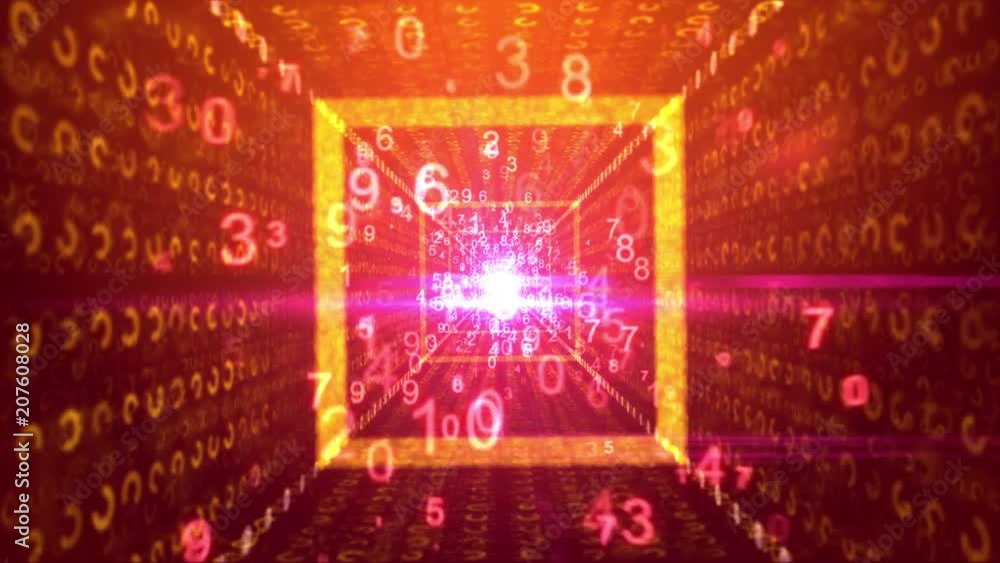 Poster a hilarious 3d rendering of flying digits moving through a square shaped yellow tube in the purple b