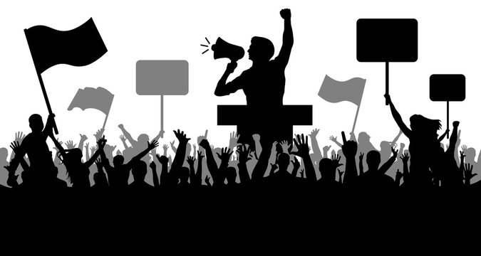 Crowd of people with flags, banners. Sports, mob, fans. Demonstration, manifestation, protest, strike, revolution, speaker. Silhouette background vector