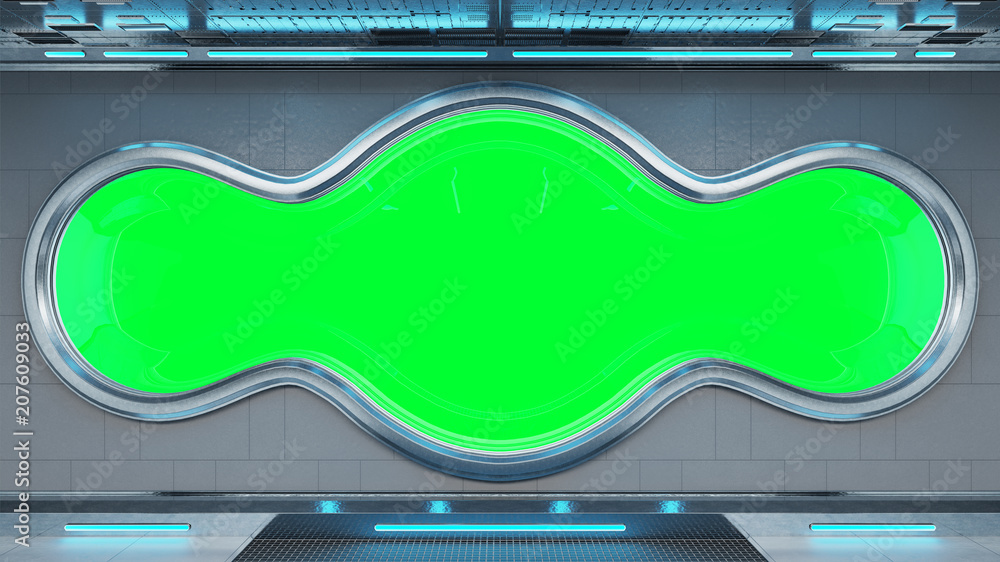 Poster White tech spaceship round window interior background 3D rendering