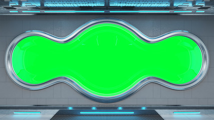 White tech spaceship round window interior background 3D rendering