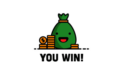 You Win Written with Happy Smiley Face Sack and Gold Coins Vector Line Illustration