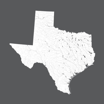 U.S. States - Map Of Texas. Rivers And Lakes Are Shown. Please Look At My Other Images Of Cartographic Series - They Are All Very Detailed And Carefully Drawn By Hand WITH RIVERS AND LAKES.