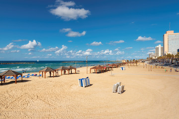 Beautiful view of the Tel-Aviv public beach on Mediterranean sea. Israel.