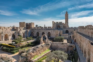 Foto auf Glas Panoramic view of David's tower at sunny day in spring time in Old City of Jerusalem, Israel. © lucky-photo