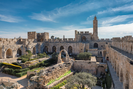 Panoramic view of David's tower at sunny day in spring time in Old City of Jerusalem, Israel.