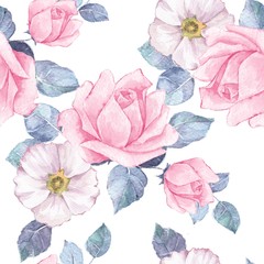 Delicate pink roses. Watercolor floral seamless pattern