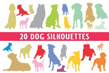 20 Dogs different silhouettes set designed in vintage style