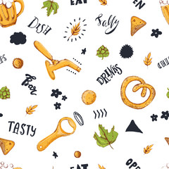 Beer seamless pattern with sketch mug, pretzel, wheat isolated on white background with lettering