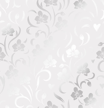 Seamless floral silver pattern with orchids. Decorative vector foiled background.