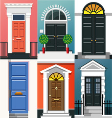 Entrance doors. A set of entrance doors. A set of entrance doors in a flat style. Set of colorful front doors for homes and buildings. Vector illustration Eps10 file