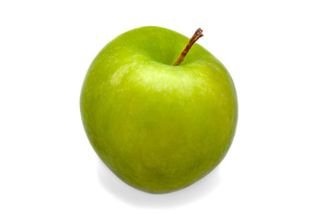 A large green fresh, bright green apple close-up on a white background. Isolated.