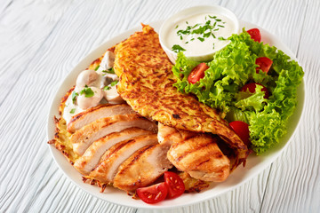rosti with mushrooms and grilled chicken