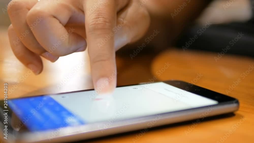Poster hand of woman using mobile smartphone for application and wireless device concept select focus shall