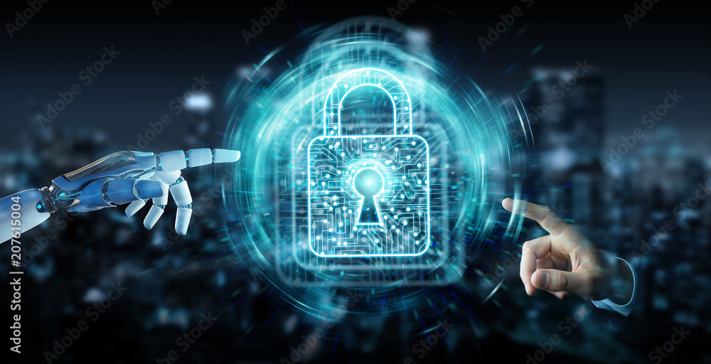 Poster white robot hand securing digital datas 3d rendering