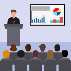 Obraz premium Business seminar speaker sales and e-commerce. illustration of presentation conference and motivation for business audience