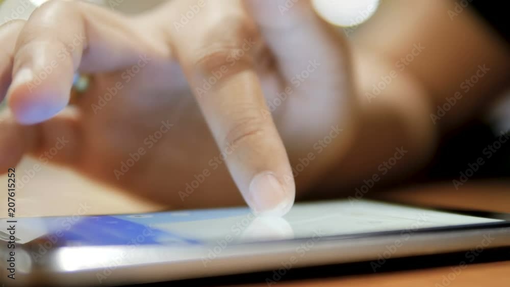 Poster hand of woman using mobile smartphone for application and wireless device concept select focus shall