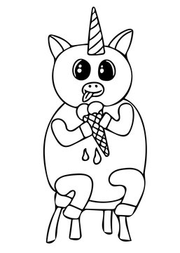 Cute line art character and eating icecream