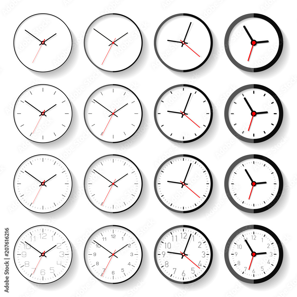 Poster set of different clock icons in flat style, minimalistic timers on white background. business watchs