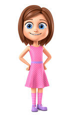 Hands in the sides. Girl in pink dress on a white background. 3d render illustration.