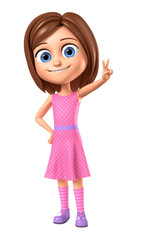  Showing the peace of the world. Girl in pink dress on a white background. 3d render illustration.