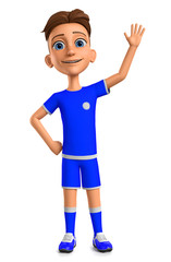 Sport. Guy in a blue uniform is standing with his hand up on a white background. 3d rendering illustration.